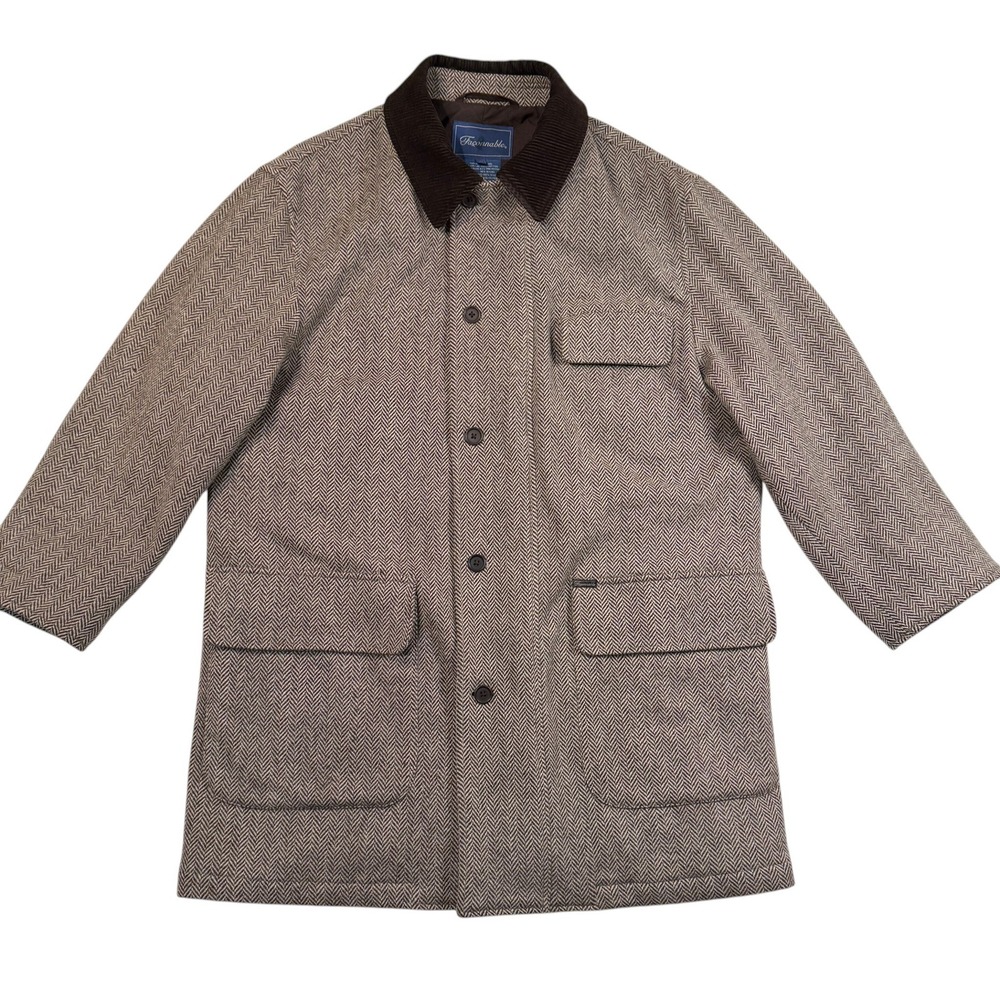 Faconnable Herringbone Wool Field Jacket Brown Corduroy Trim Men Medium Overcoat